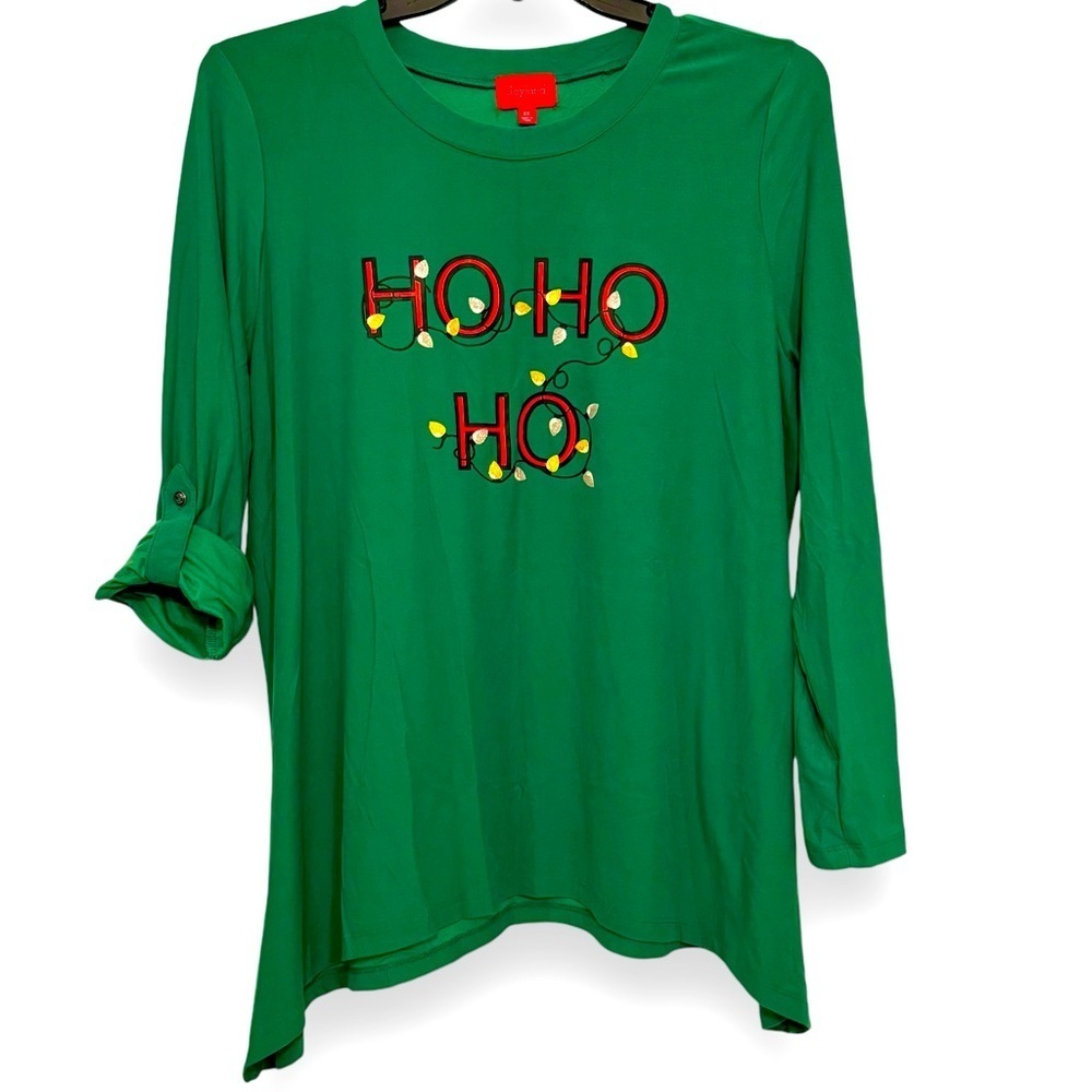 Joyland Size 2X Green Christmas HO HO HO Long Sleeve w/Roll Tabs Tunic Top
